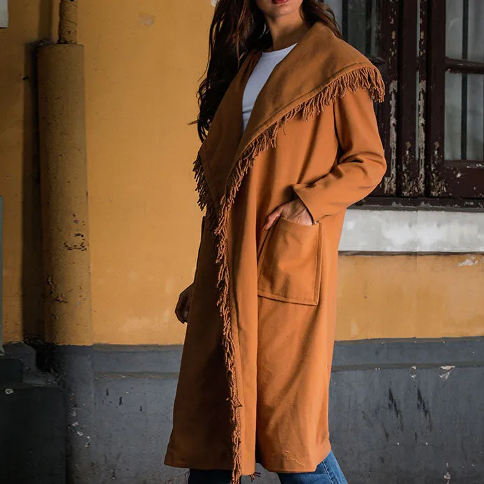 New Woolen Coat Camel Tassel Stitching Cardigan Coat
