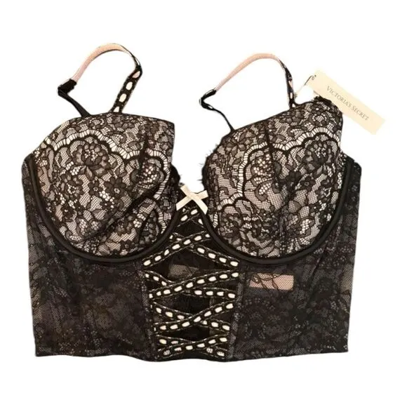 NWT Victoria’s Secret Black Lace Longline Bustier Bra - Size S-DD