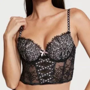 NWT Victoria’s Secret Black Lace Longline Bustier Bra - Size S-DD