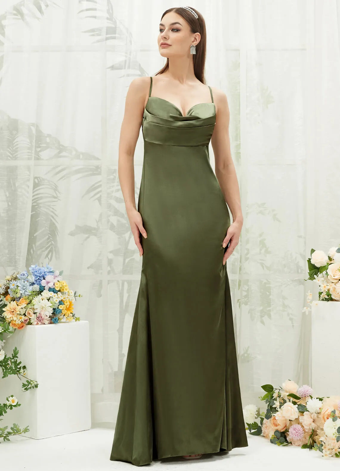 Olive Satin Cowl Neck Adjustable Straps Backless Long Bridesmaid Dress
