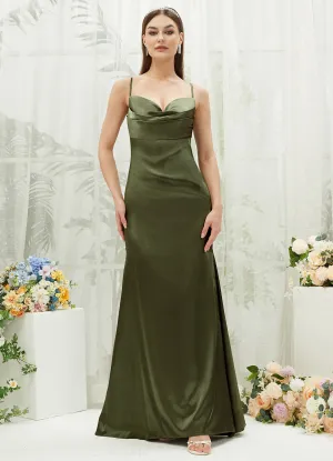 Olive Satin Cowl Neck Adjustable Straps Backless Long Bridesmaid Dress