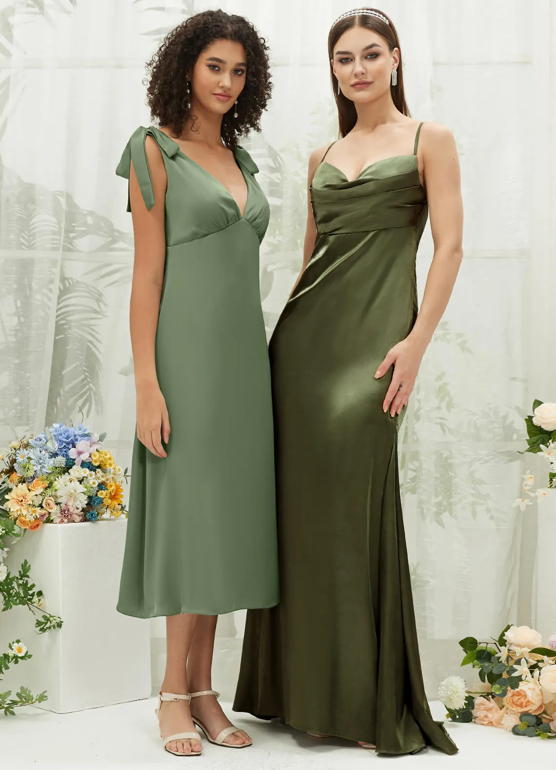 Olive Satin Cowl Neck Adjustable Straps Backless Long Bridesmaid Dress