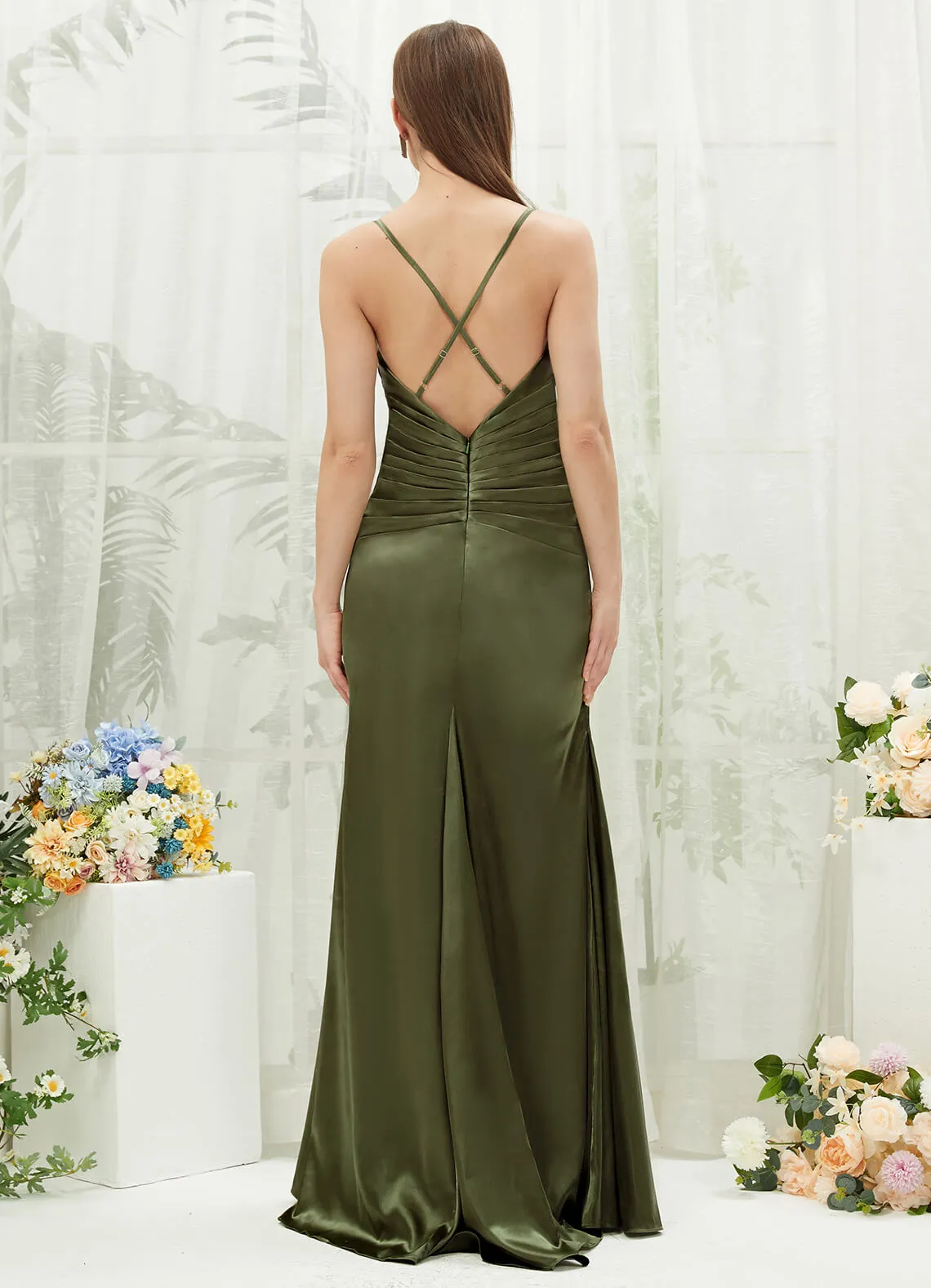 Olive Satin Cowl Neck Adjustable Straps Backless Long Bridesmaid Dress