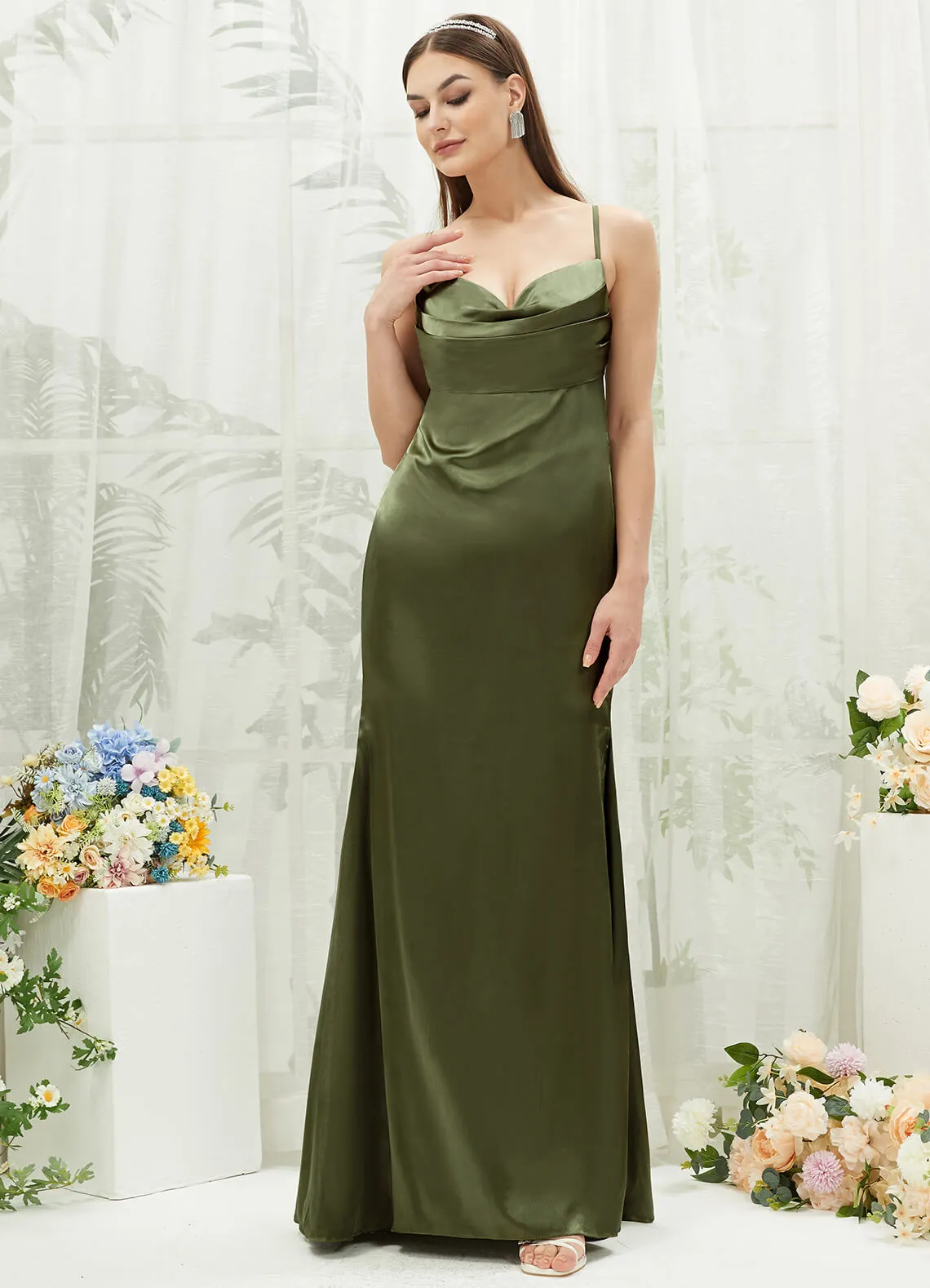 Olive Satin Cowl Neck Adjustable Straps Backless Long Bridesmaid Dress
