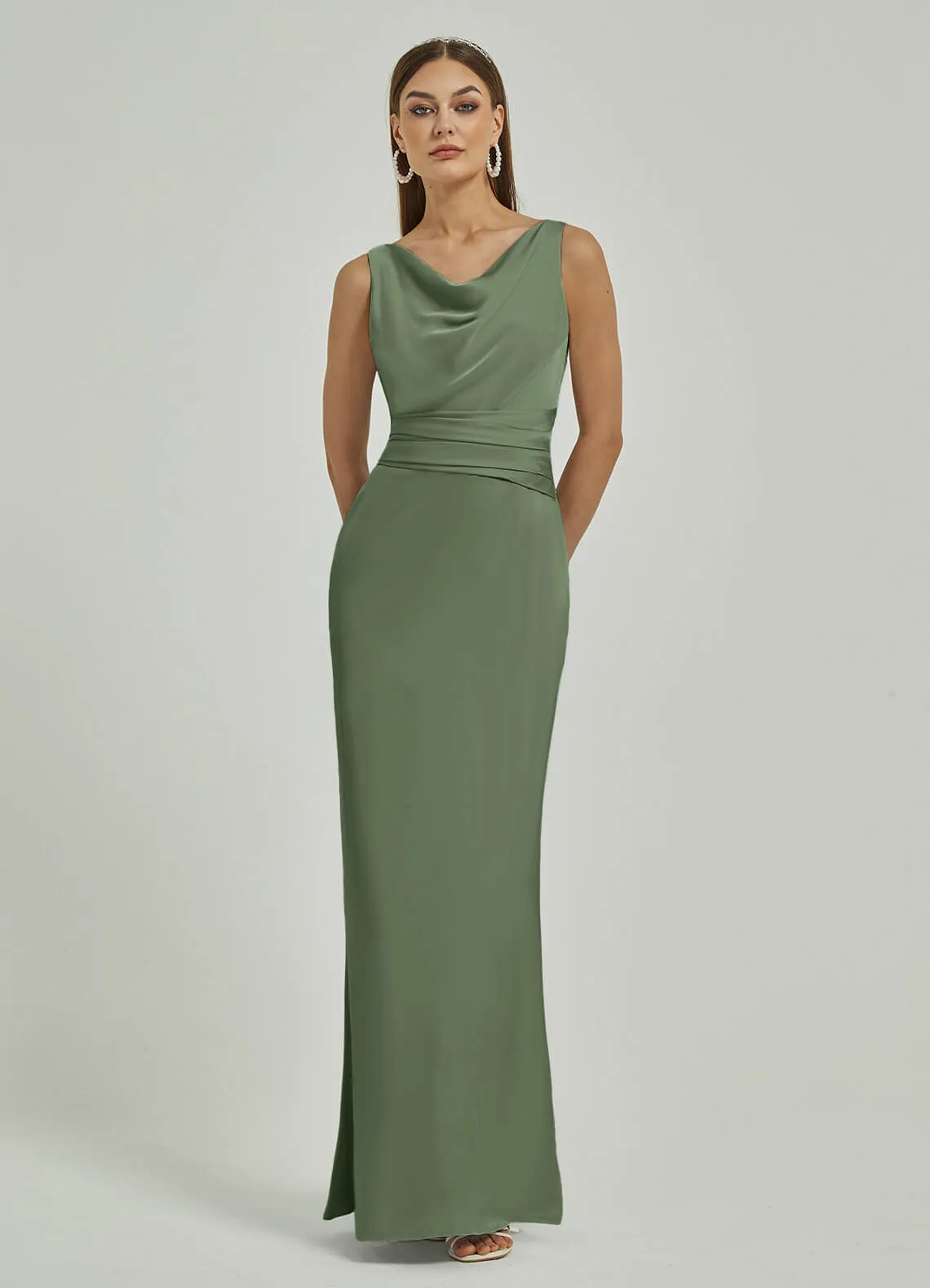 Olive Silk Satin Cowl Neck Sheath Backless Maxi Bridesmaid Dress