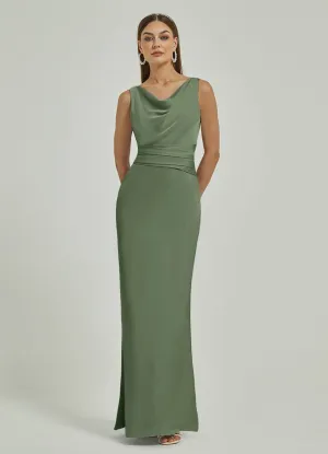 Olive Silk Satin Cowl Neck Sheath Backless Maxi Bridesmaid Dress