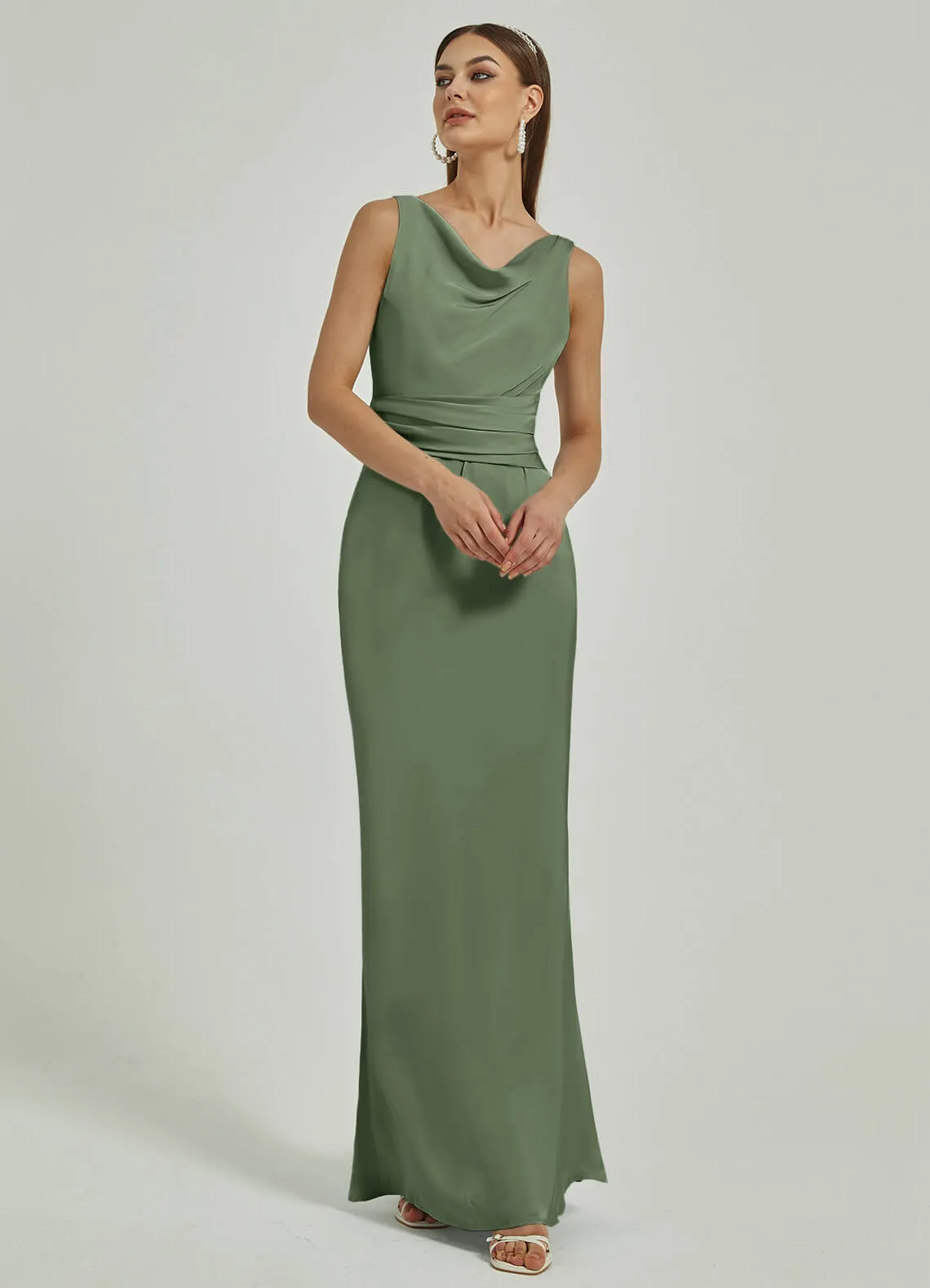 Olive Silk Satin Cowl Neck Sheath Backless Maxi Bridesmaid Dress