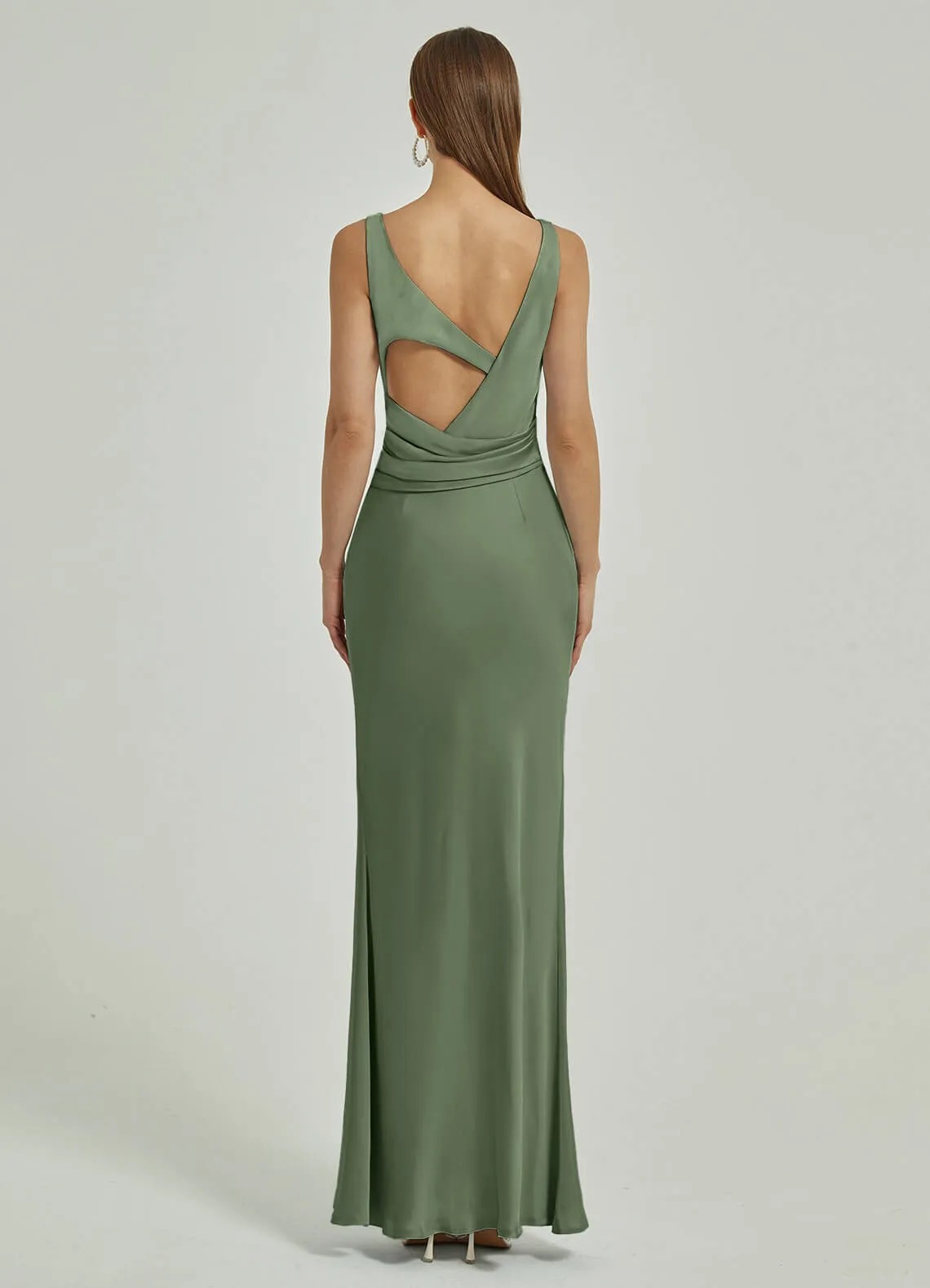 Olive Silk Satin Cowl Neck Sheath Backless Maxi Bridesmaid Dress
