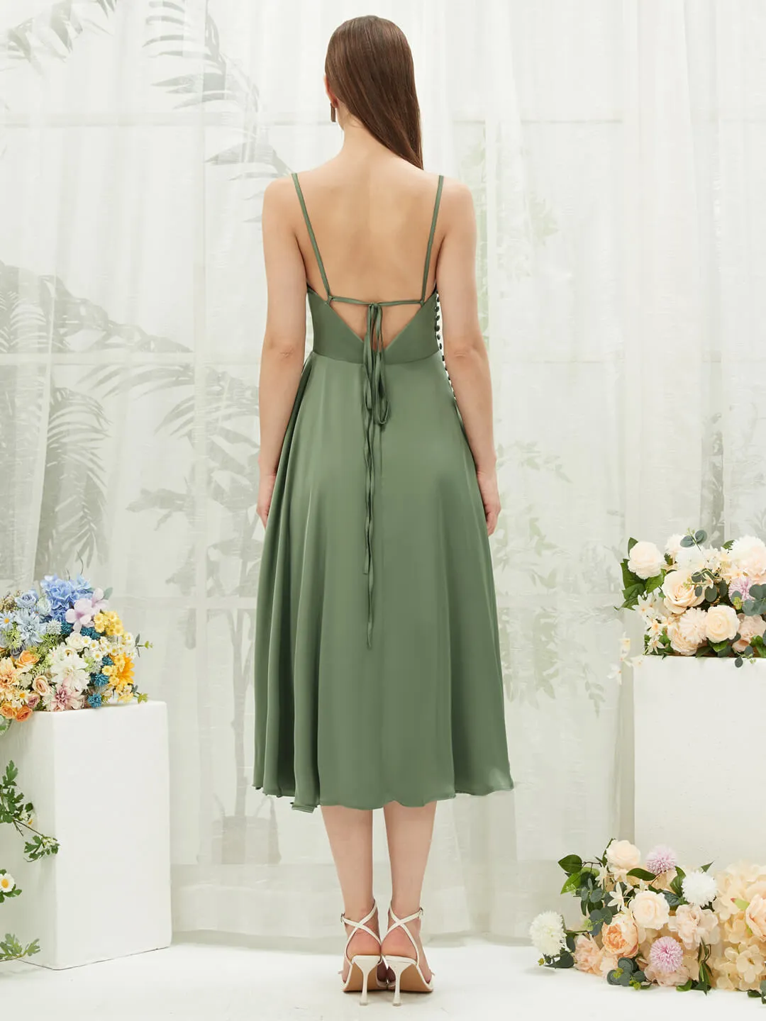 Olive Silk Satin Cowl Neck Spaghetti Straps Button Slit Bridesmaid Dresses