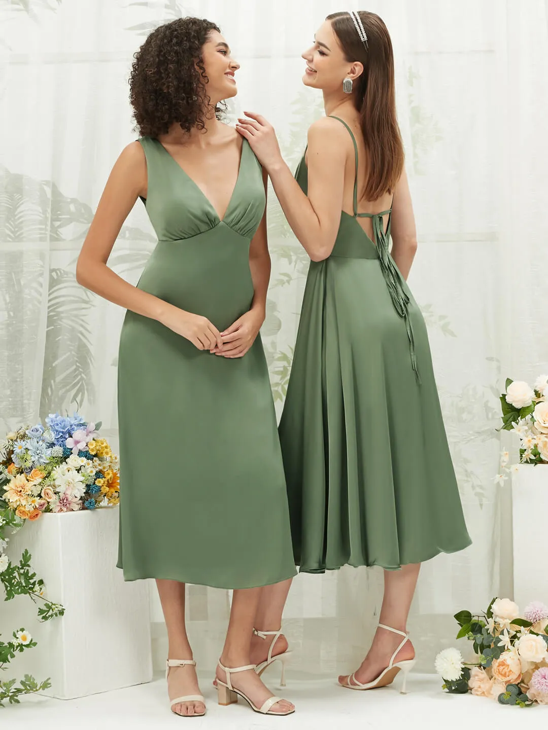 Olive Silk Satin Cowl Neck Spaghetti Straps Button Slit Bridesmaid Dresses