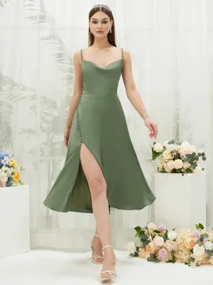 Olive Silk Satin Cowl Neck Spaghetti Straps Button Slit Bridesmaid Dresses