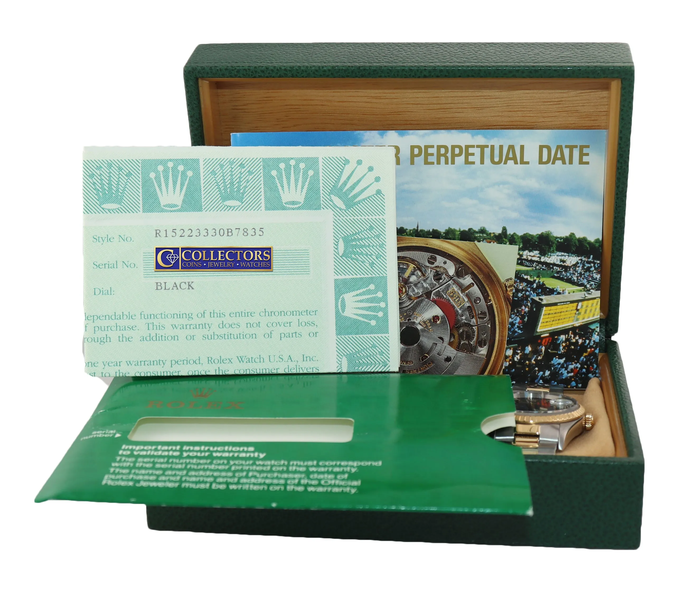 PAPERS 2013 Rolex Service Oyster Date 18k Gold Steel 34mm 15223 Black Watch Box