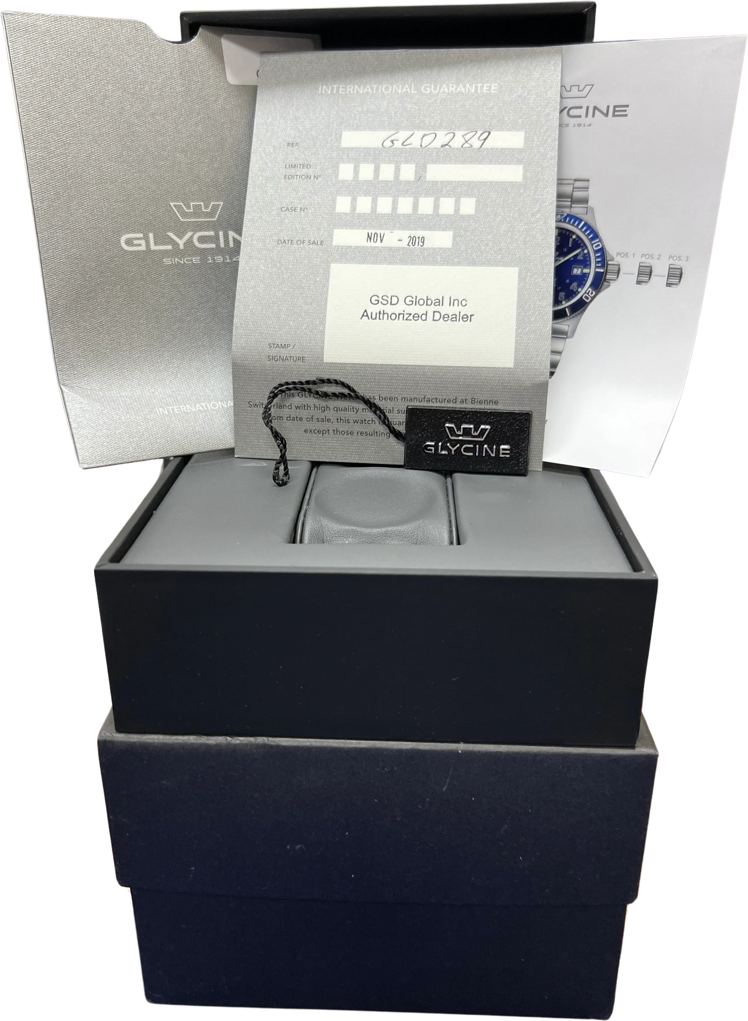 PAPERS Glycine Combat Sub Soda Red Blue Stainless Steel Date Watch GL0289 BOX