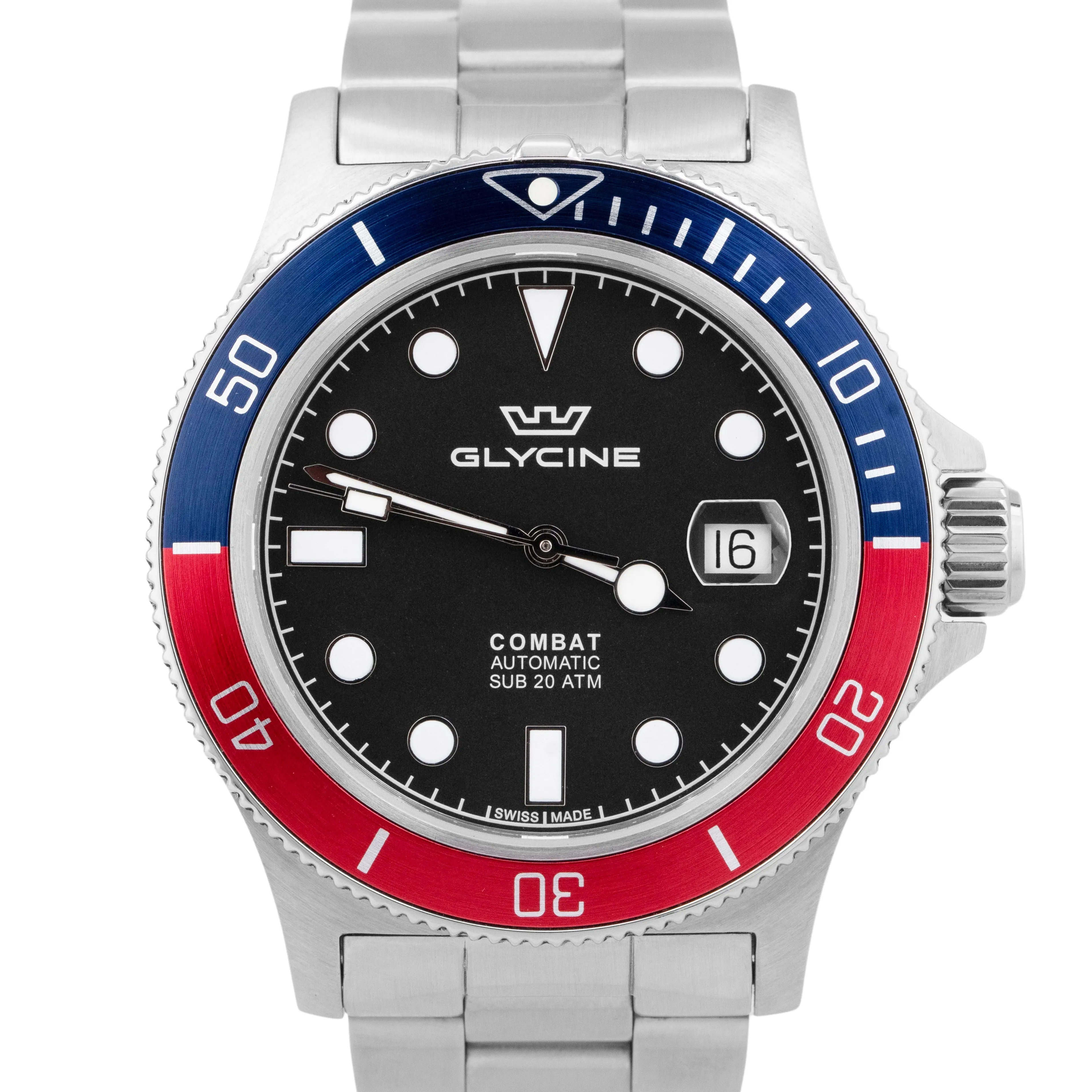 PAPERS Glycine Combat Sub Soda Red Blue Stainless Steel Date Watch GL0289 BOX