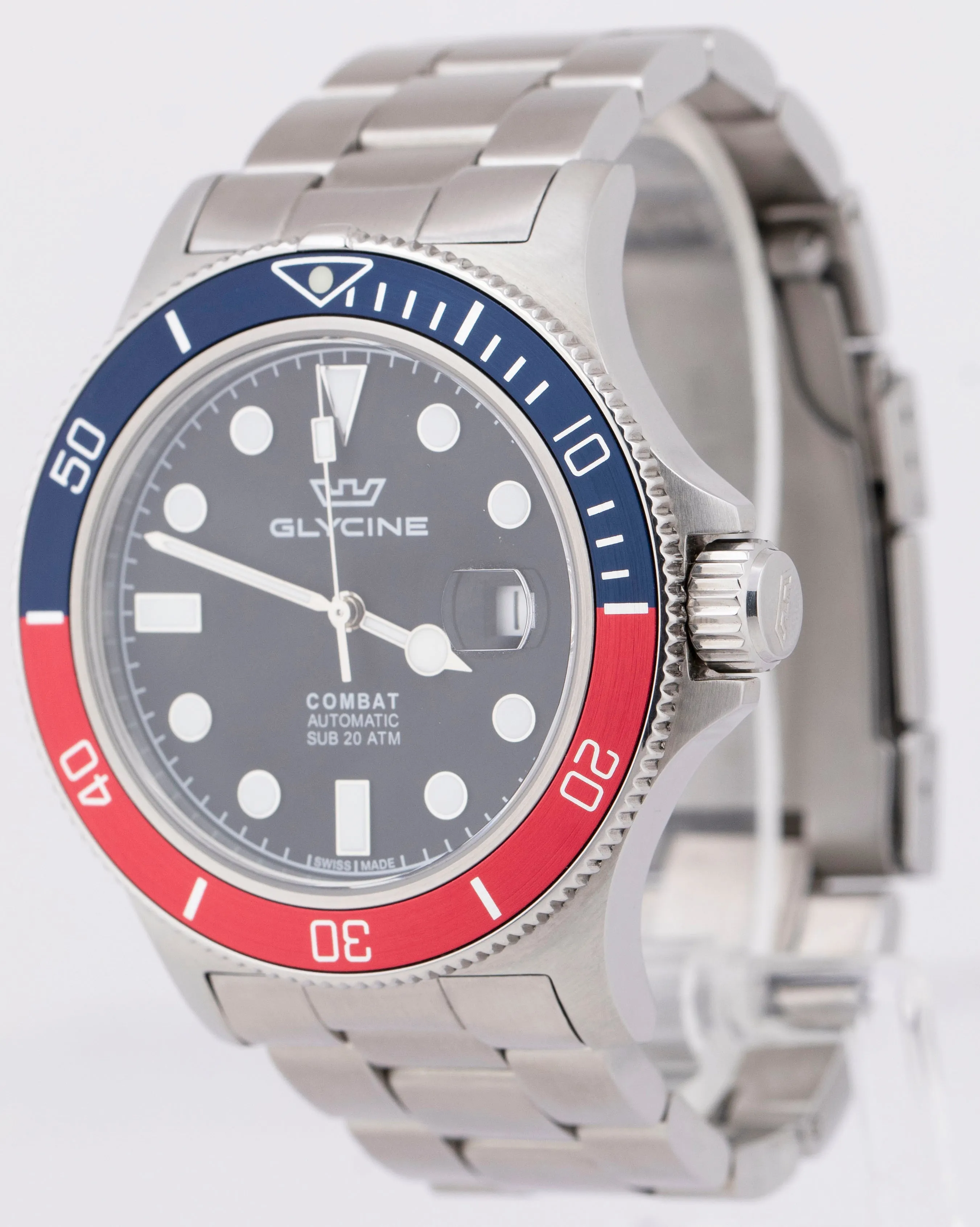 PAPERS Glycine Combat Sub Soda Red Blue Stainless Steel Date Watch GL0289 BOX