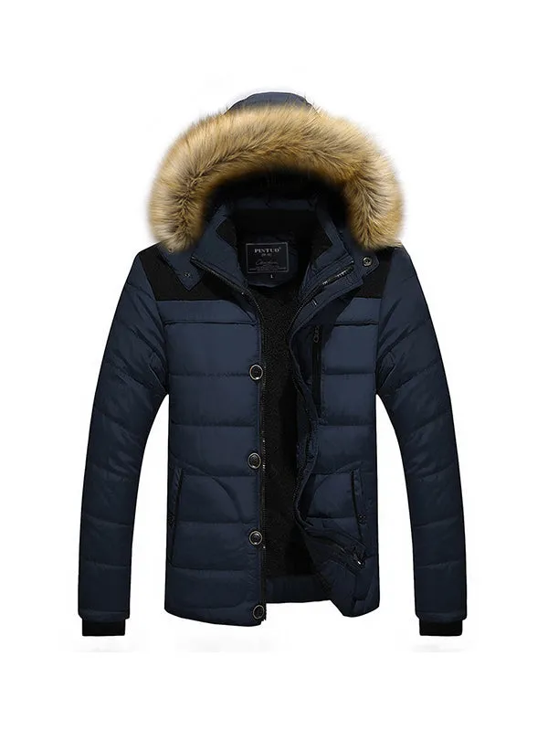 Patchwork Hooded Fur Collar Cotton Jacket Coat