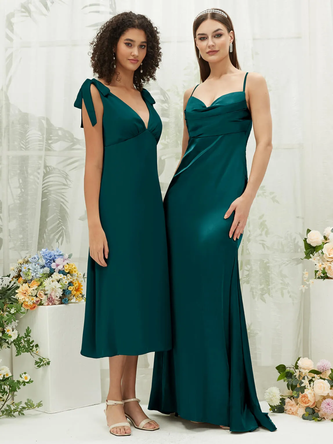 Peacock Satin Cowl Neck Adjustable Straps Backless Long Bridesmaid Dress