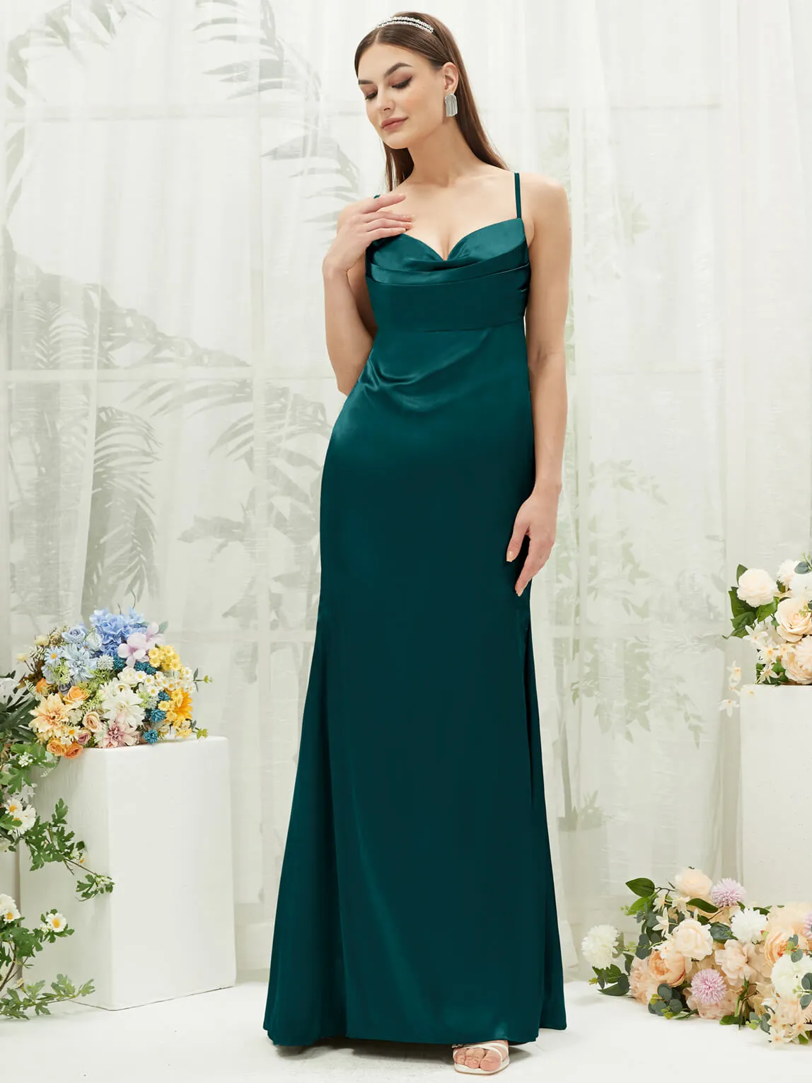 Peacock Satin Cowl Neck Adjustable Straps Backless Long Bridesmaid Dress