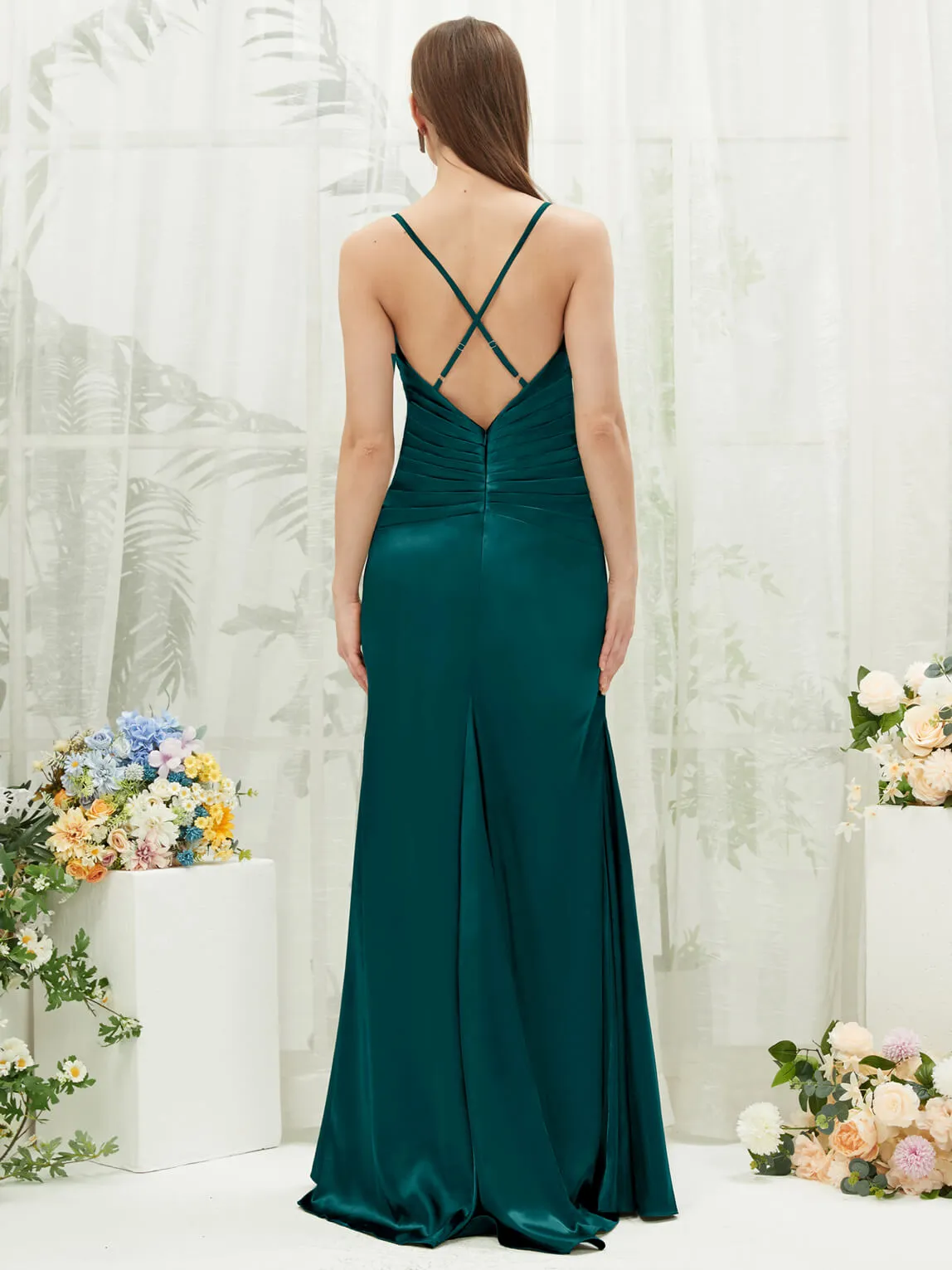 Peacock Satin Cowl Neck Adjustable Straps Backless Long Bridesmaid Dress
