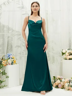 Peacock Satin Cowl Neck Adjustable Straps Backless Long Bridesmaid Dress