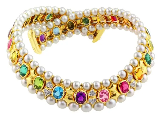 Pearl Diamond Colored Stone Choker Necklace