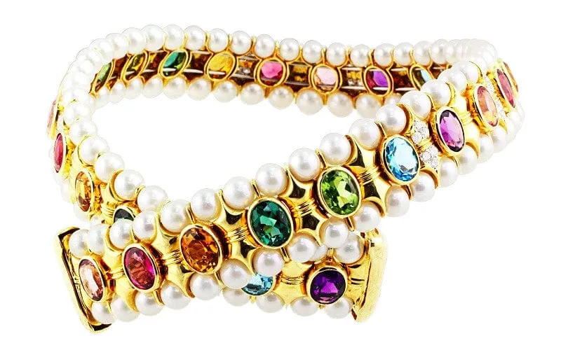 Pearl Diamond Colored Stone Choker Necklace