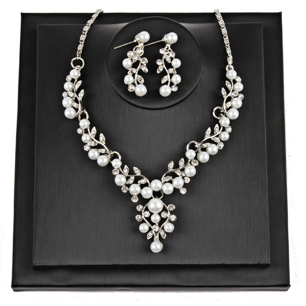 Pearl Rhinestone Necklace   Earrings