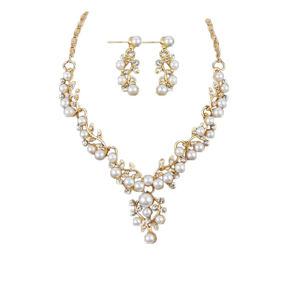 Pearl Rhinestone Necklace   Earrings