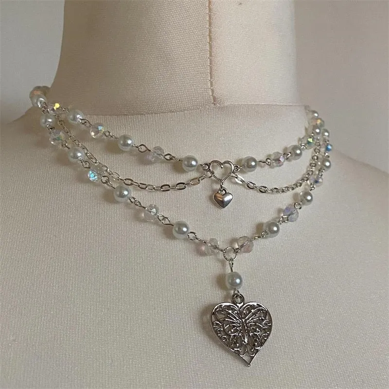 Pearls Butterfly Heart Choker Necklace