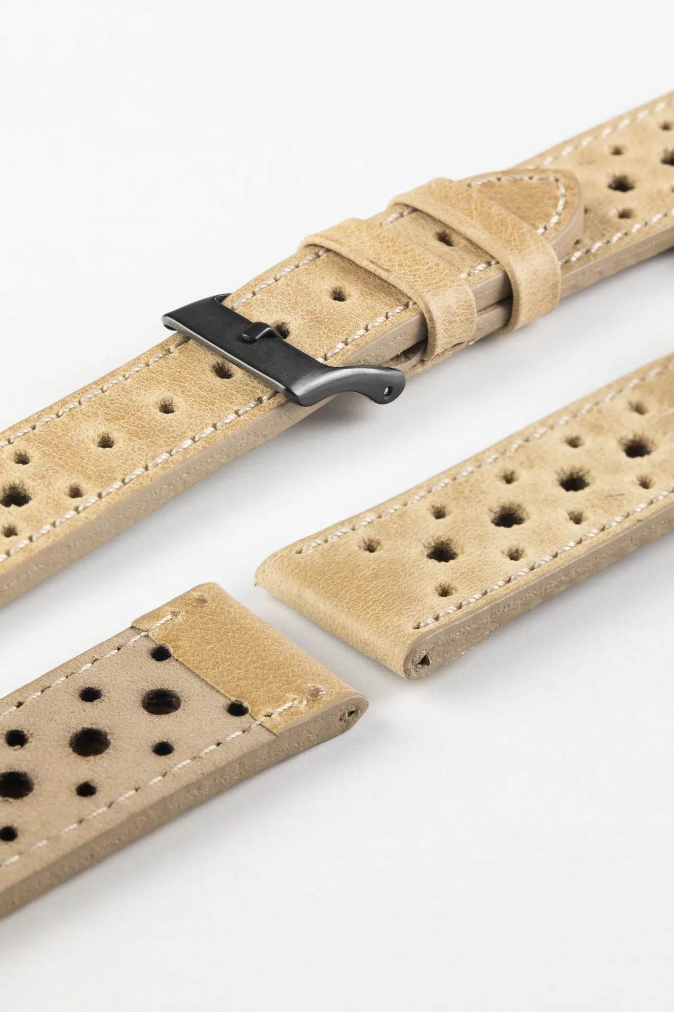Pebro RACING Perforated Leather Watch Strap in LIGHT SAND