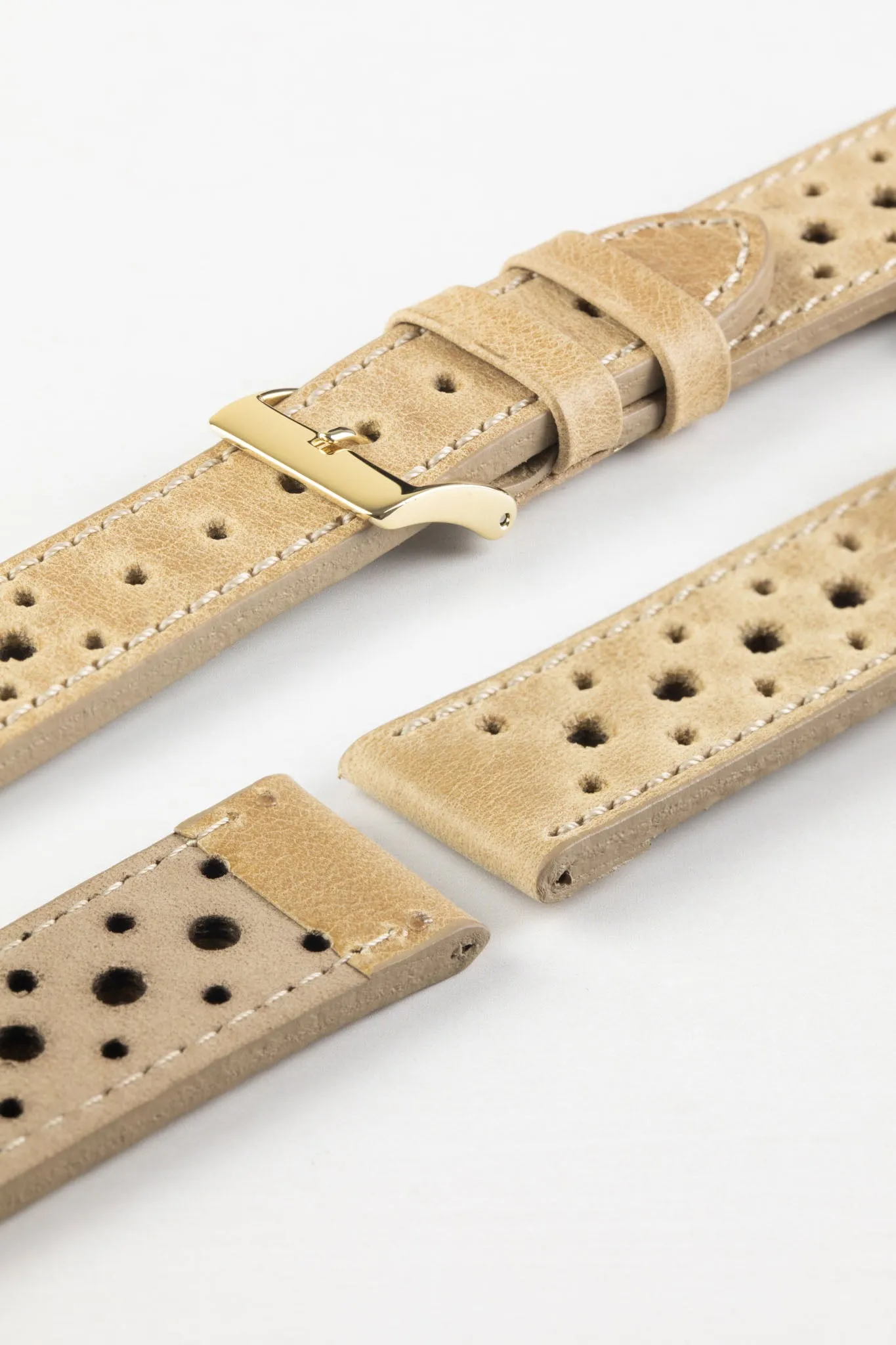 Pebro RACING Perforated Leather Watch Strap in LIGHT SAND