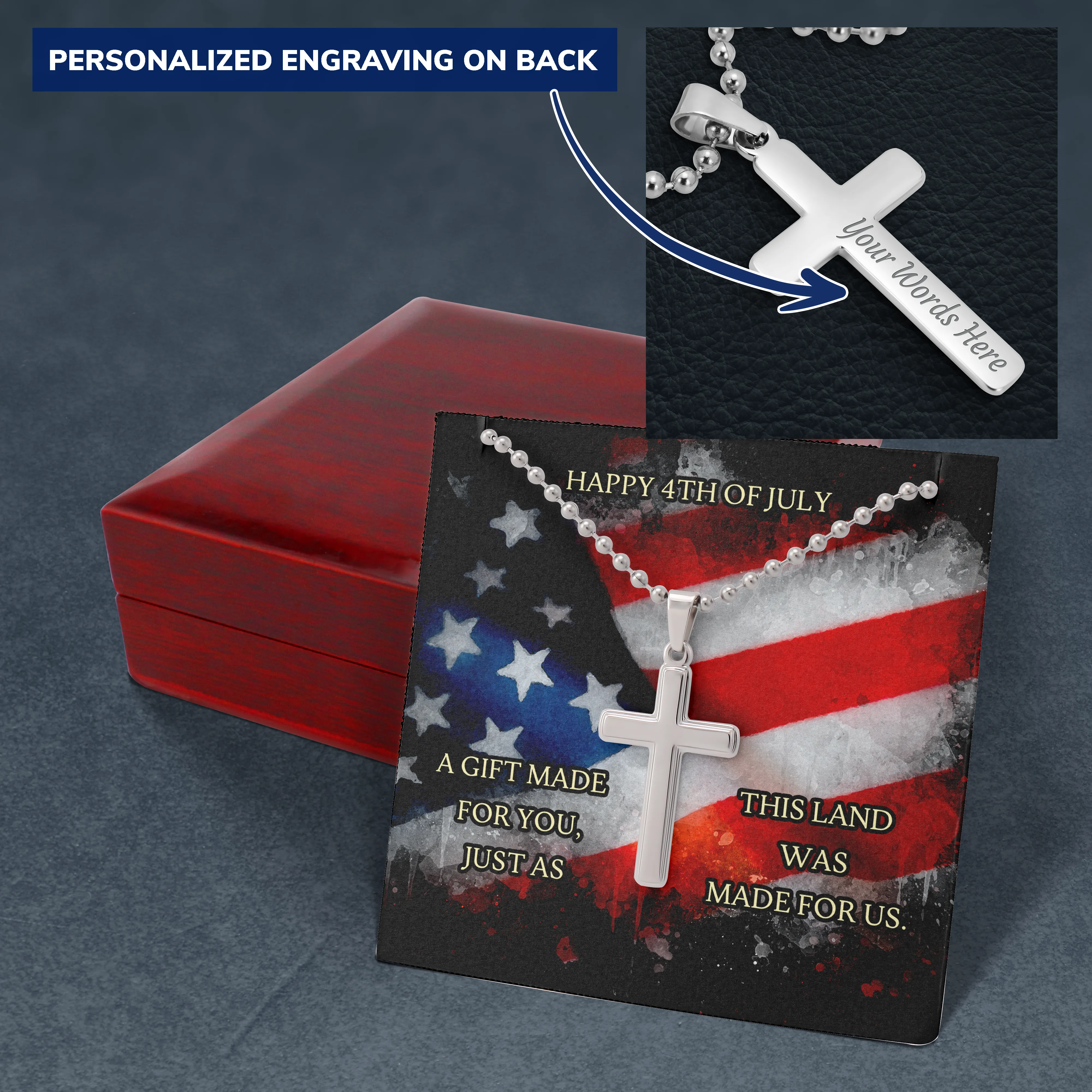 Personalized Independence Day Cross Necklace Gift For Husband