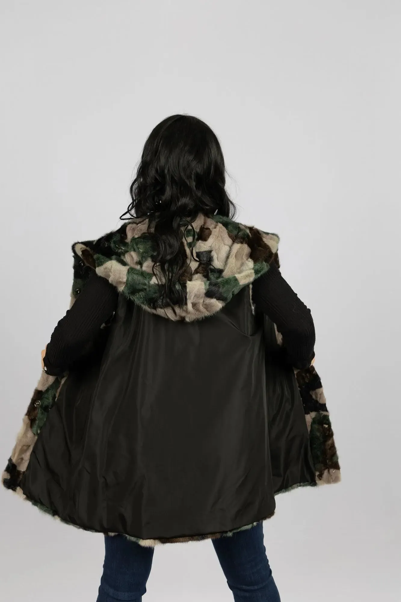 Pieced Mink Camouflage Vest Reversible to Black Taffeta