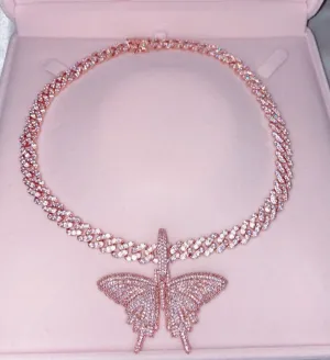 pink/ rosegold Butterfly cuban choker chain ,butterfly necklace , pink bling iced cuban butterfly necklace ,9mm Miami  iced bling butterfly