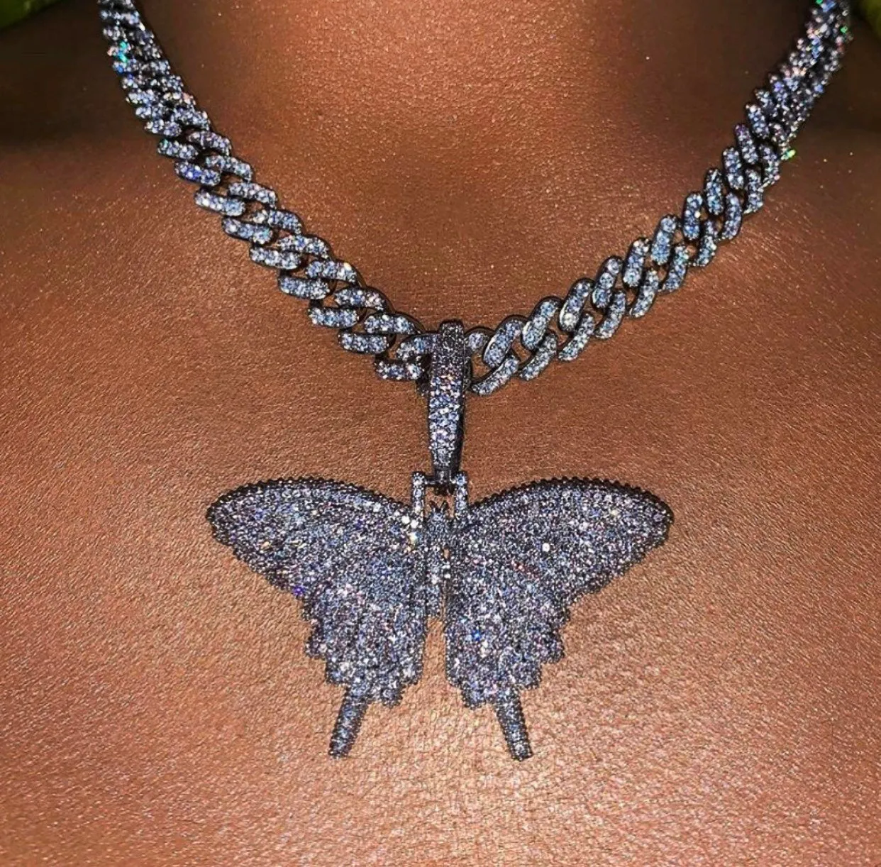 pink/ rosegold Butterfly cuban choker chain ,butterfly necklace , pink bling iced cuban butterfly necklace ,9mm Miami  iced bling butterfly