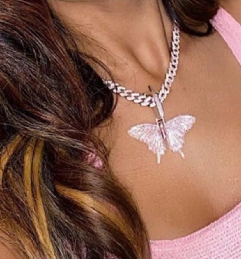 pink/ rosegold Butterfly cuban choker chain ,butterfly necklace , pink bling iced cuban butterfly necklace ,9mm Miami  iced bling butterfly
