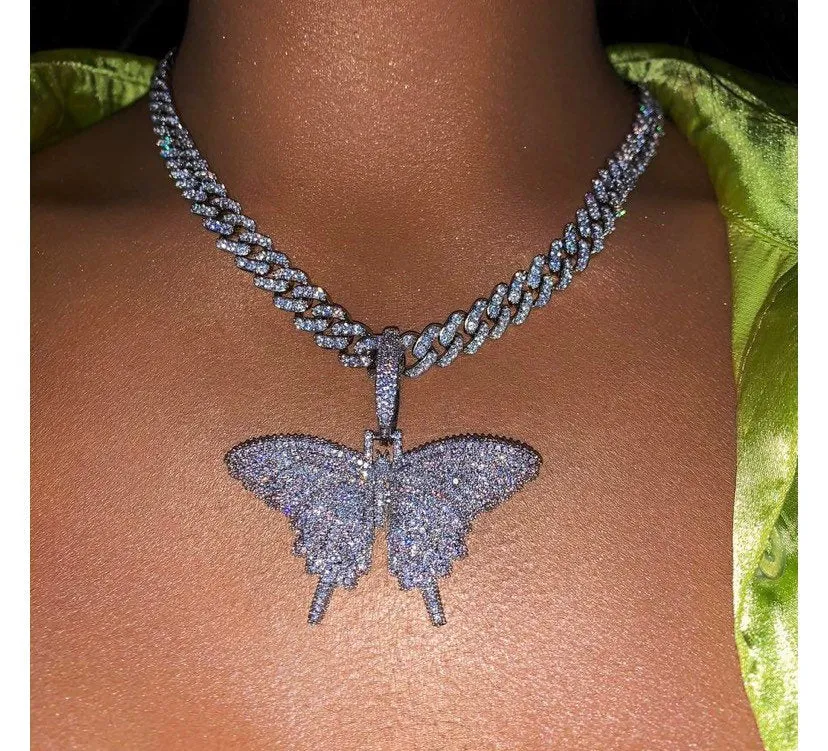 pink/ rosegold Butterfly cuban choker chain ,butterfly necklace , pink bling iced cuban butterfly necklace ,9mm Miami  iced bling butterfly