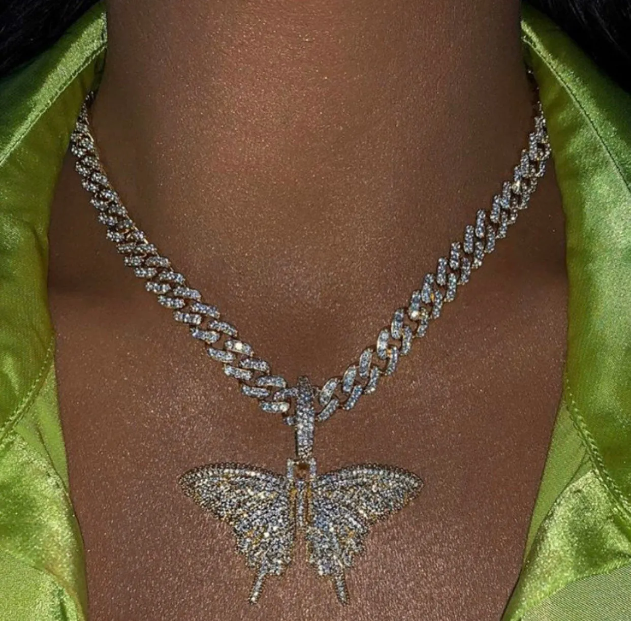 pink/ rosegold Butterfly cuban choker chain ,butterfly necklace , pink bling iced cuban butterfly necklace ,9mm Miami  iced bling butterfly