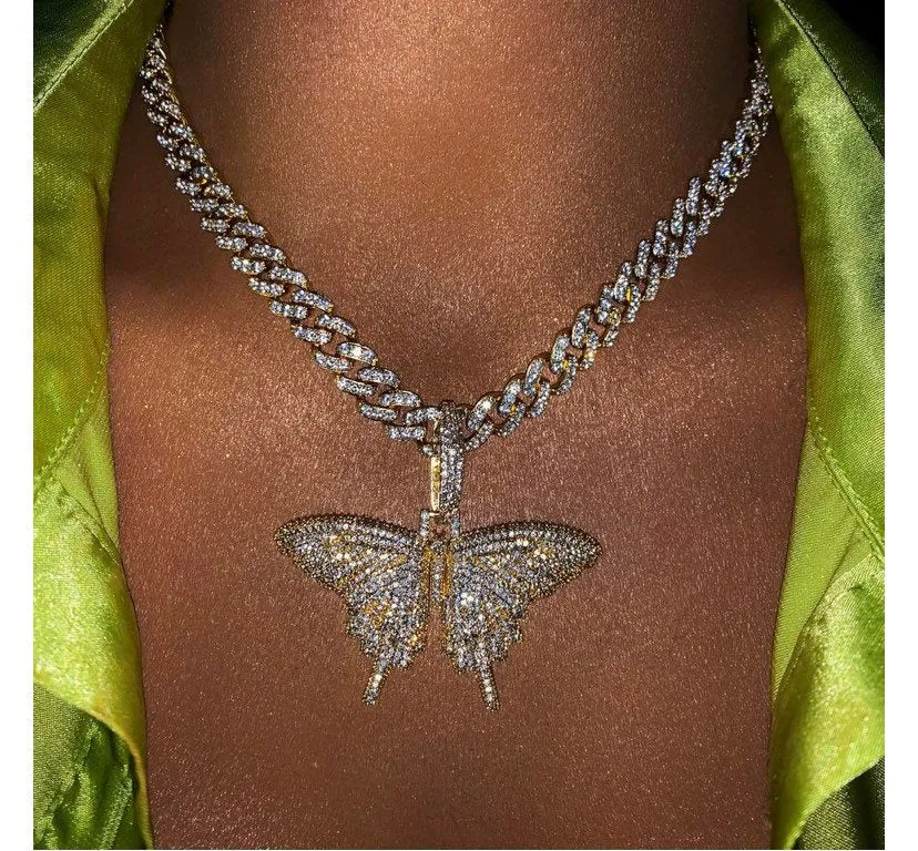 pink/ rosegold Butterfly cuban choker chain ,butterfly necklace , pink bling iced cuban butterfly necklace ,9mm Miami  iced bling butterfly