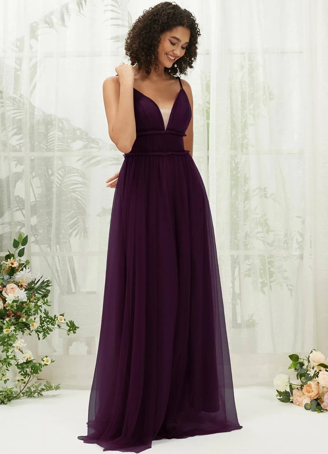 Plum Tulle Backless Pleated Pocket Floor Length Bridesmaid Dresses