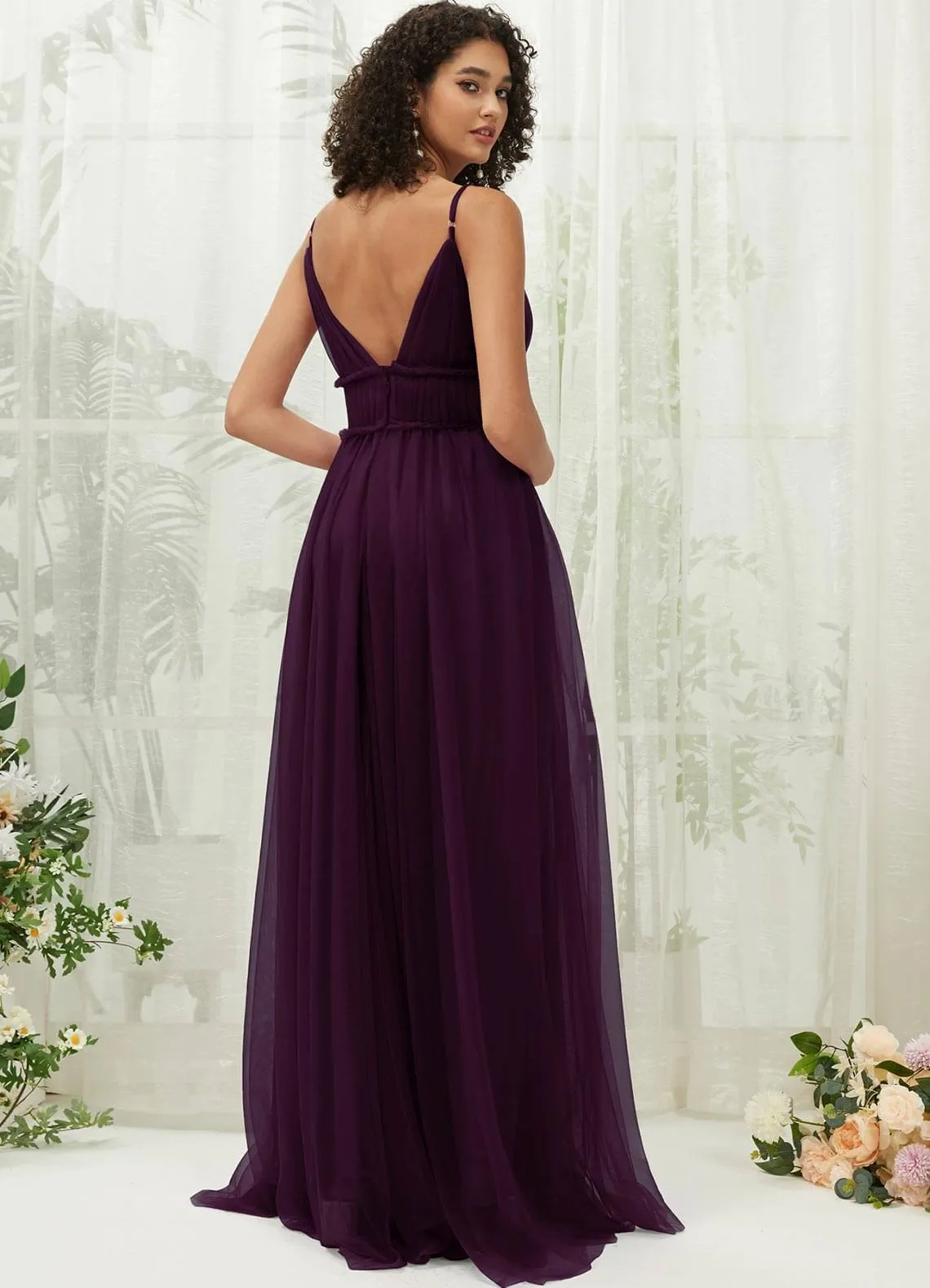 Plum Tulle Backless Pleated Pocket Floor Length Bridesmaid Dresses