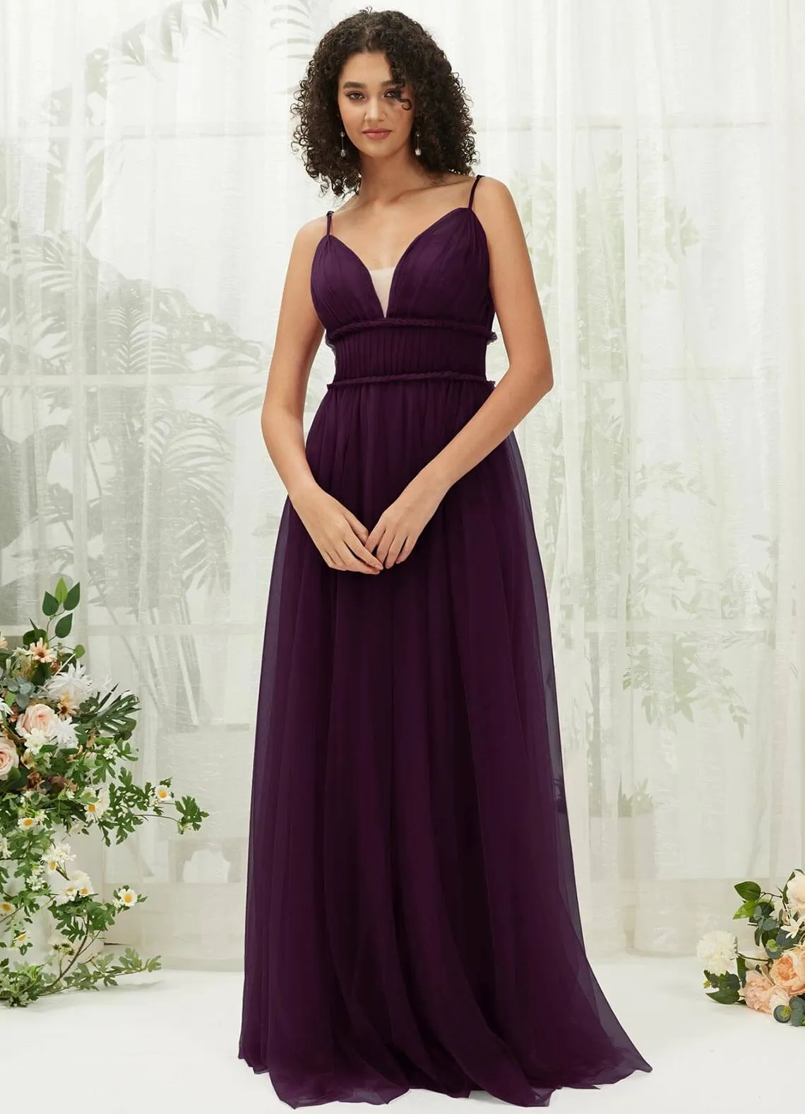 Plum Tulle Backless Pleated Pocket Floor Length Bridesmaid Dresses