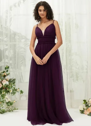 Plum Tulle Backless Pleated Pocket Floor Length Bridesmaid Dresses