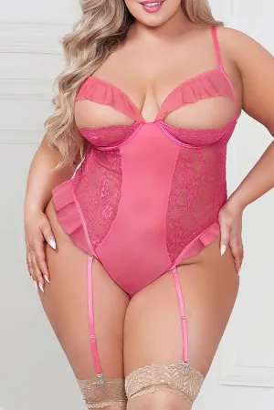 Plus Size Lace Mesh Ruffle Peekaboo Teddy Lingerie