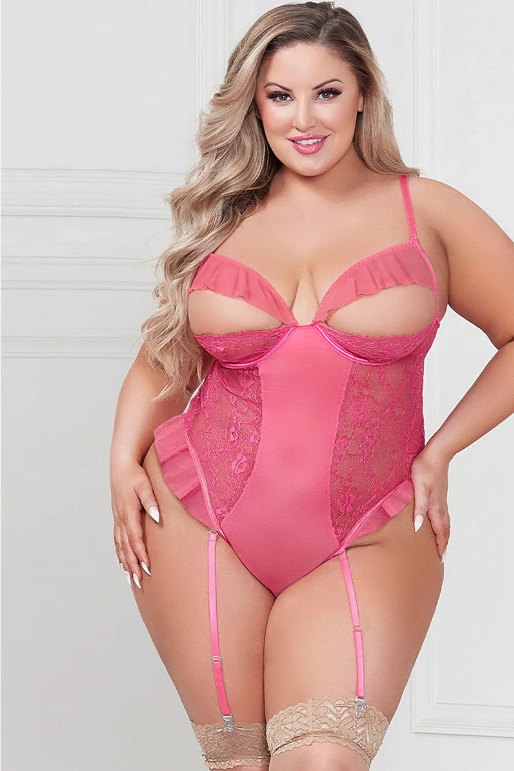 Plus Size Lace Mesh Ruffle Peekaboo Teddy Lingerie