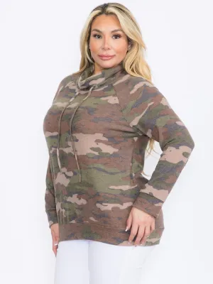 PLUS SIZE LONG SLEEVE CAMO PRINT PULLOVER TURTLE NECK SWEATER