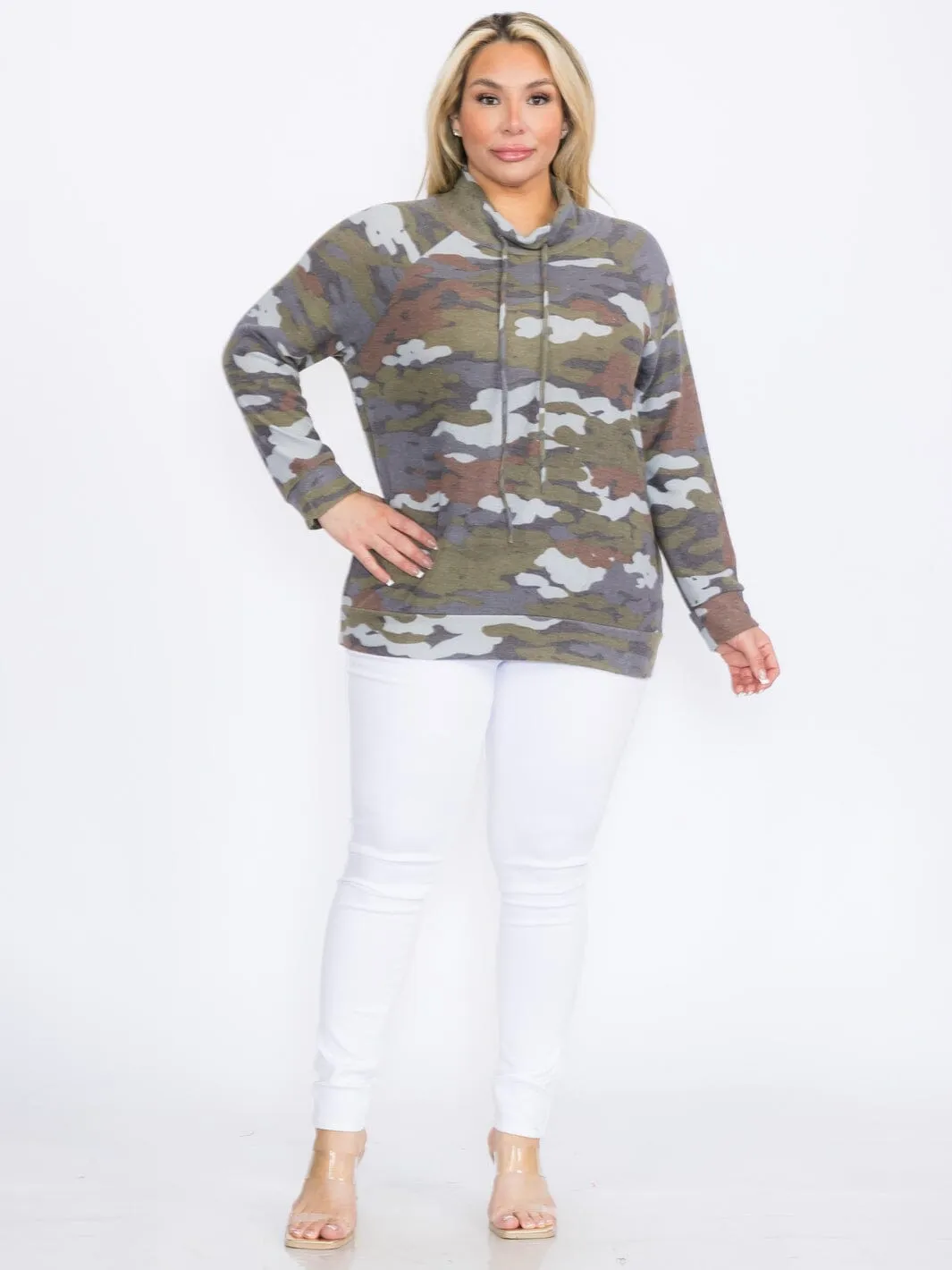 PLUS SIZE LONG SLEEVE CAMO PRINT PULLOVER TURTLE NECK SWEATER