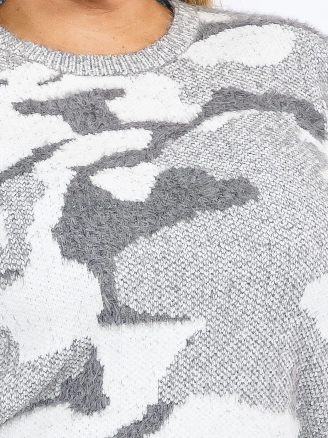 PLUS SIZE LONG SLEEVES PULLOVER HIGH-LOW COLORBLOCK CAMO PRINT SWEATER