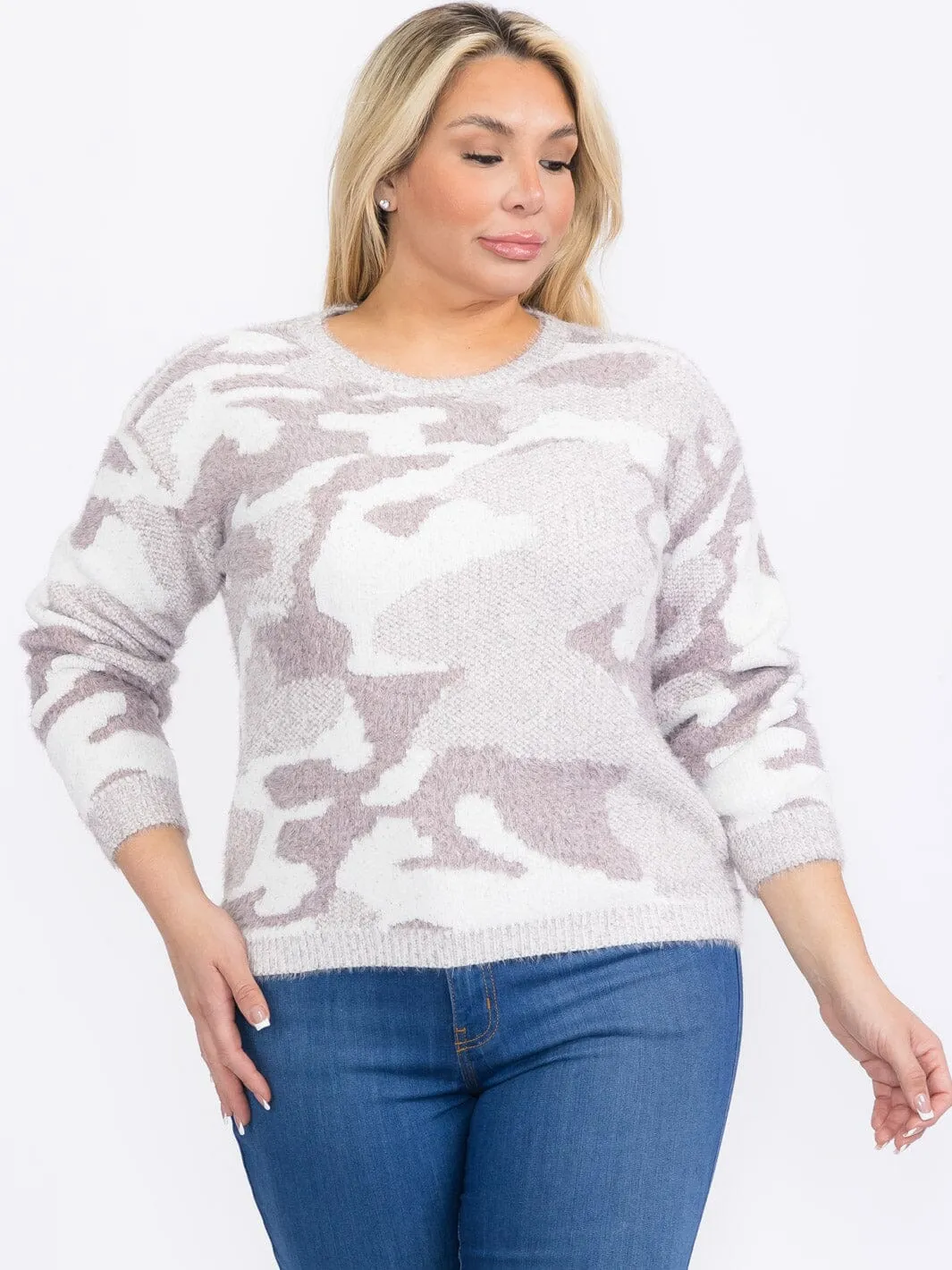 PLUS SIZE LONG SLEEVES PULLOVER HIGH-LOW COLORBLOCK CAMO PRINT SWEATER