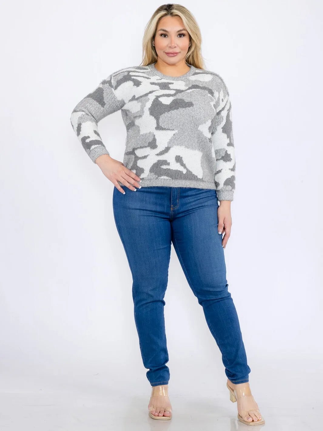 PLUS SIZE LONG SLEEVES PULLOVER HIGH-LOW COLORBLOCK CAMO PRINT SWEATER